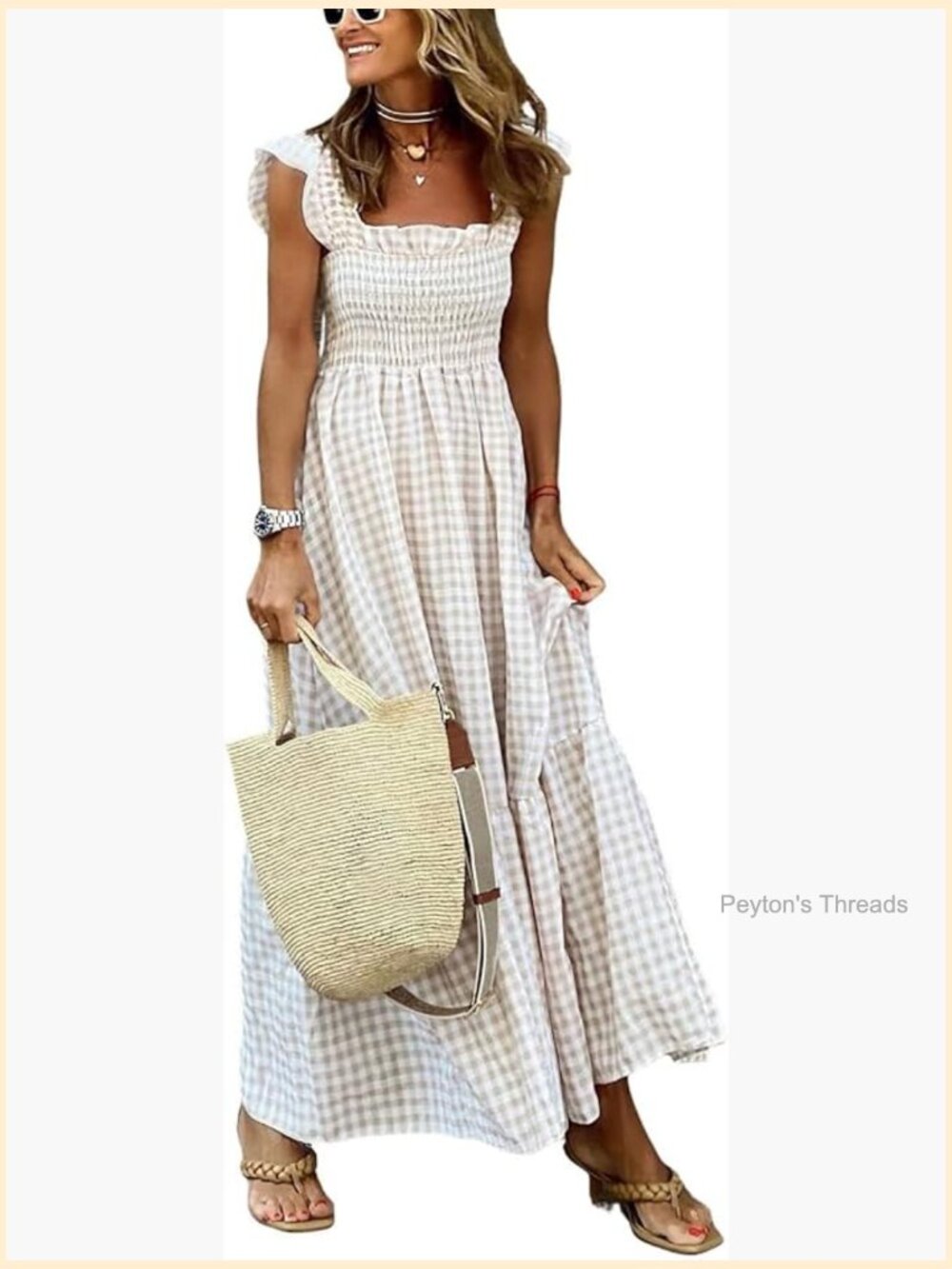 Sleeveless Strap Retro Plaid A-Line Smocked Maxi Long Dress Ruffled Hem - Picture 1 of 5